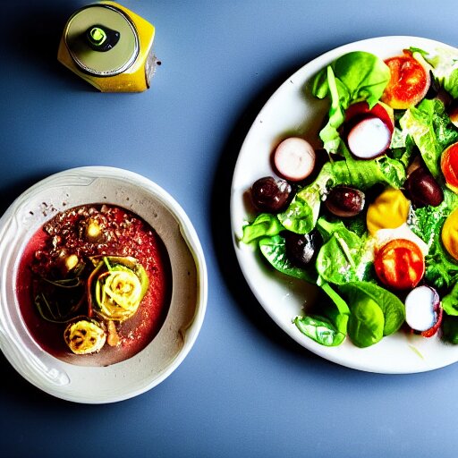 a plate of food made of salad and alien, award winning photographer, food photography 