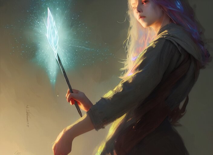 rugged female college student witch, light iridescent hair color, magic school uniform, casting spells, fantasy, intricate, sharp focus, lens flare, bloom, illustration, highly detailed, digital painting, concept art, matte, art by ruan jia and wlop and greg rutkowski, masterpiece 