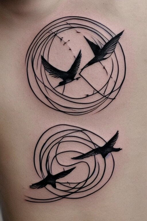 a beautiful tattoo design of minimalist swallows flying into spherical lines and simple basic shapes, black ink, abstract logo, line art 