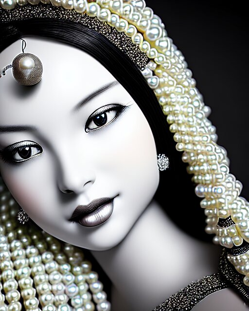 black and white dreamy young beautiful female artificial intelligence, realistic pearl ornament in the face, long hair are intricate with highly detailed realistic pearls, cinematic, rim light, bokeh, photo - realistic, elegant, high detail, 8 k, masterpiece, photo taken in 1 9 3 0 