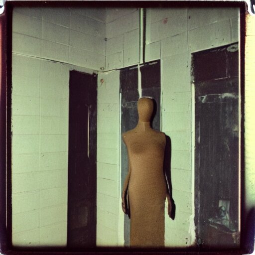 a mannequin at the top of a dark stairwell, abandoned, creepy, eerie, scary, old polaroid, expired film, out or focus, 