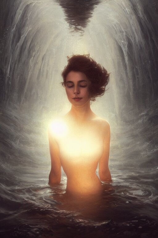 meditation deep in dark murky water!!!, underwater atmospheric mood, asleep and dreaming! cinematic volumetric lights, bust portrait, dnd, fantasy, intricate, elegant, highly detailed, digital painting, artstation, concept art, smooth, sharp focus, illustration, art by artgerm and tom bagshaw and greg rutkowski and alphonse mucha 