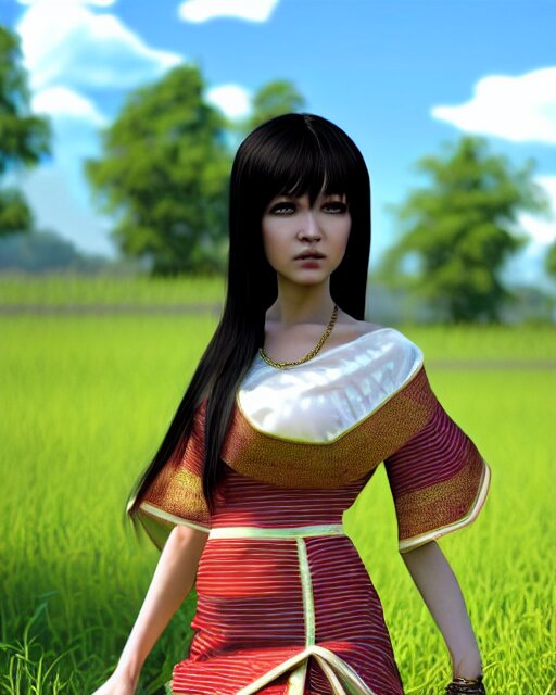 render as a very beautiful daz 3d anime manga girl, wearing assamese bihu mekhela sador gamosa dress, long shiny black hair, hazel eyes, full round face, short smile, assam landscape setting, sunny ambient diffused glow cinematic HDRI lighting, medium shot, mid-shot, highly detailed, daz studio genesis iray gorgeous, detailed  anatomically correct face!! anatomically correct hands!! amazing natural skin tone, ultra hd, trending on Artstation, Unreal Engine 4k, anime masterpiece, subsurface scattering