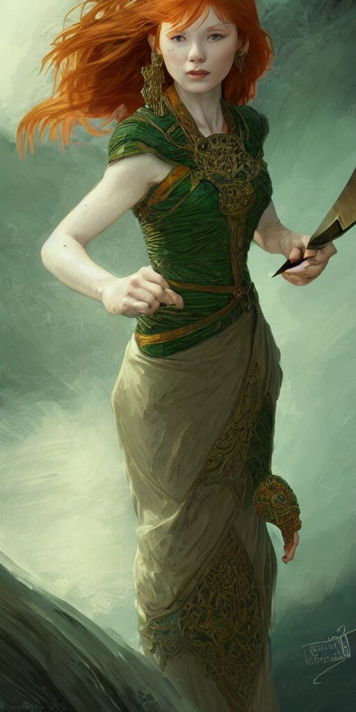 ginger girl with problems dringing in an ancien taver and playing with a knife, magic the gathering, ancient, sand, emerald, intricate, highly detailed, digital painting, artstation, concept art, smooth, sharp focus, illustration, Unreal Engine 5, 8K, art by artgerm and greg rutkowski and alphonse mucha