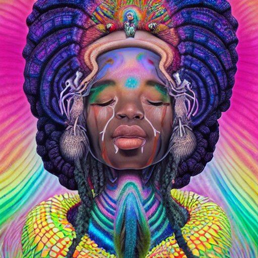 an extremely regal african queen with colorful dreadlocks and a glowing opal!!! in the center of her forehead, meditating in a magic mushroom zen garden, rainbow nebula clouds, by alex grey and afarin sajedi and amanda sage and android jones and agostino arrivabene and wayne barlowe in a psychedelic portrait style, surreal, afofuturism, afropunk, black art, ultrarealistic, rendered in cinema 4 d, volumetric lighting lighting, digital illustration, chakra, highly detailed, elegant, extremely ornate, fractal!, extremely symmetrical!!, highly detailed face, wide angle dynamic portrait, 8 k, hd. 