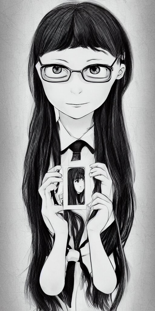 potrait of a schoolgirl in a classroom mirror, digital art, anime style, 8 k, black and white 