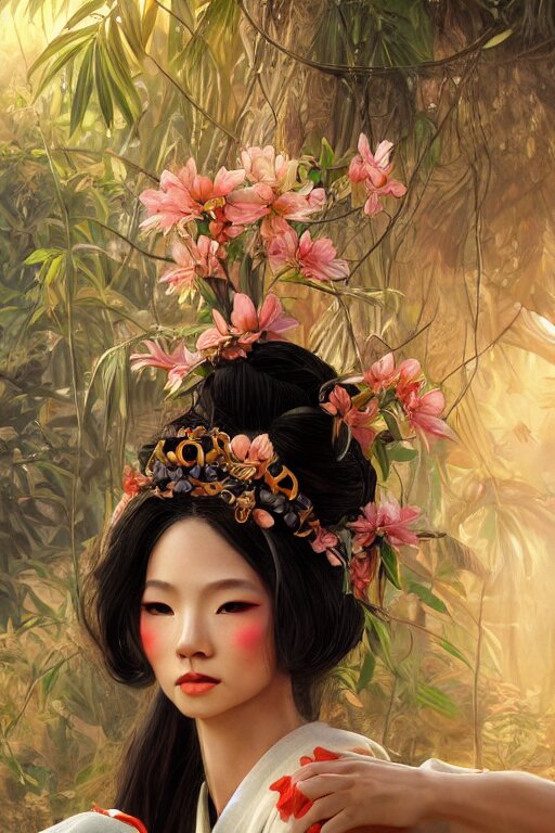 stunningly beautiful, peruvian geisha prima ballerina in jungle, symmetrical face, golden hour, smooth, focus, highly detailed, hyper realistic, dramatic lighting, elegant, intricate, concept art, art by wlop, mars ravelo, greg rutowski, artstation 