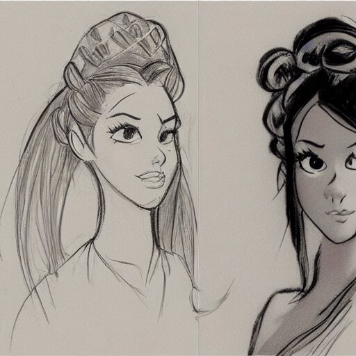 milt kahl sketch of victoria justice with done up hair, tendrils and ponytail as princess padme from star wars episode 3