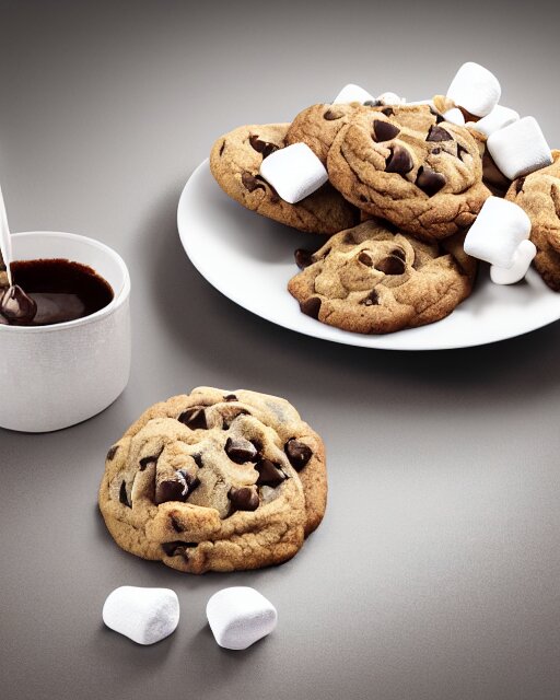 plate full of several freshly baked chocolate chip cookies, delicious, glistening, chocolate sauce, marshmallows, highly detailed, award winning photography octane render 