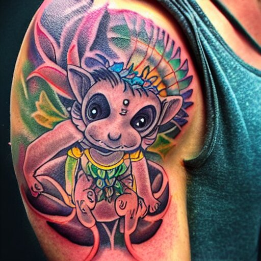 shoulder tattoo of a meditating cute bush baby, eyes are sparkeling rainbow spirals, glowing multicolored chakra symbols, surrounded with colorful lotus leaves, insanely integrate 