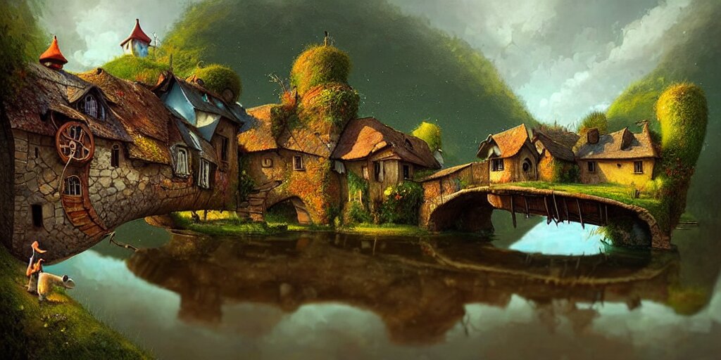  amazing detailed village with a river, water, reflection, stone bridge, art by Yohann Schepacz, art by Gediminas Pranckevicius, art by Esao Andrews