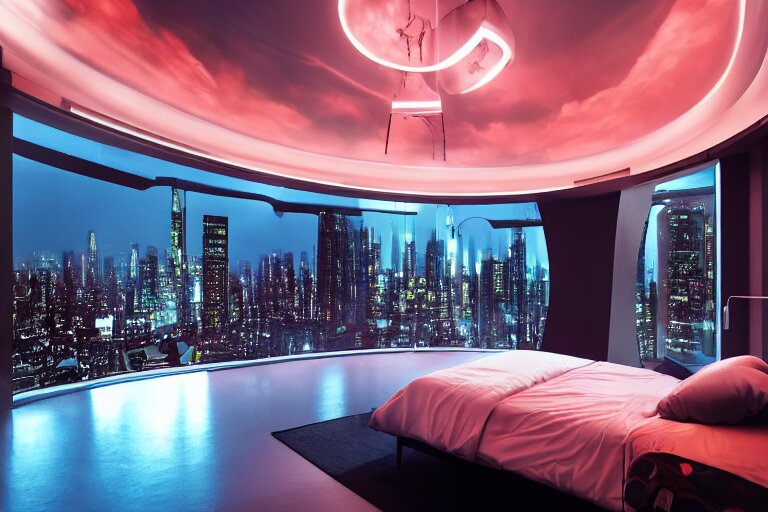 a futuristic bedroom with large curved ceiling high windows looking out to a far future cyberpunk cityscape, cyberpunk neon lights, raining, scifi