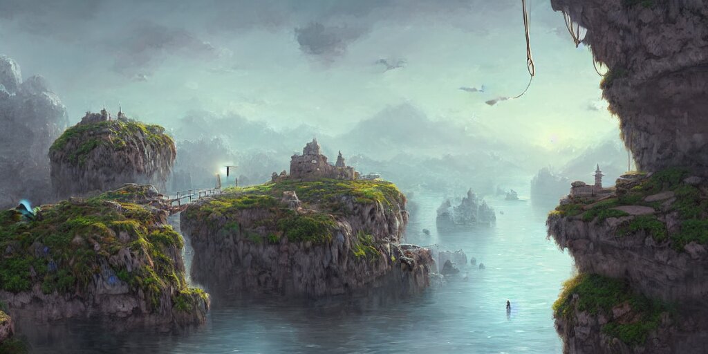 peaceful village built on floating rocks in the sky, rope bridges, birds in background, high fantasy, detailed, digital painting, realistic, landscape by jonathan berube 