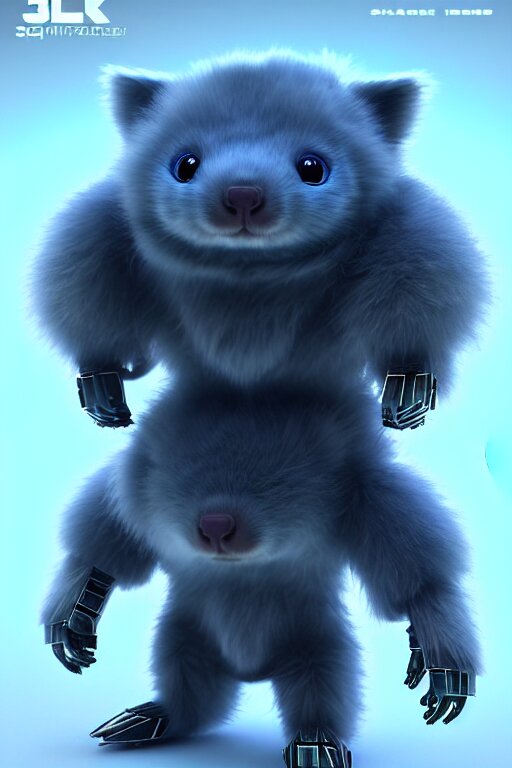 high quality 3 d render sci - fi very cute mecha & fluffy! wombat!! hybrid! fighting, highly detailed, unreal engine cinematic smooth, in the style of blade runner & detective pikachu, hannah yata charlie immer, dark blue neon light, low angle, uhd 8 k, sharp focus 