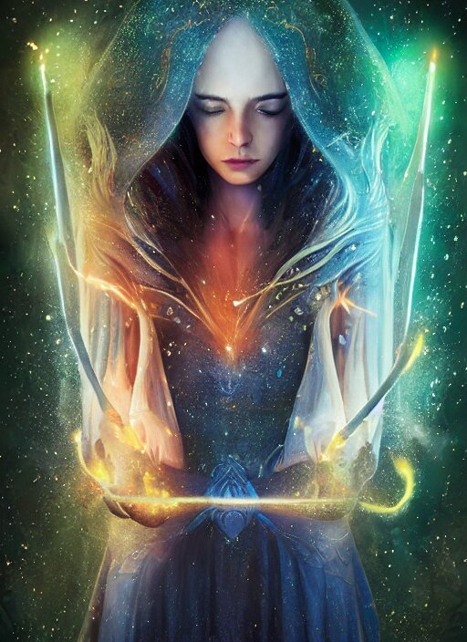 in the style of throne of glass book cover, whole body portrait of a young adult female magician casting a spell with fireballs in her hands, blue and green magic lights aura, a portal with elvish symbology opened, d & d, fantasy, highly detailed, digital art, trending on artstation, smooth, sharp focus, illustration, art by artgerm and hirokazu yokohara, greg rutkowski 