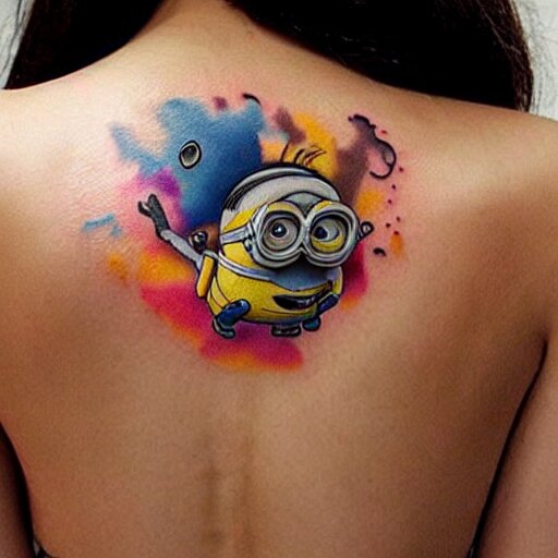 tattoo of minion on female back, epic, colorful, beautiful, intricate detail