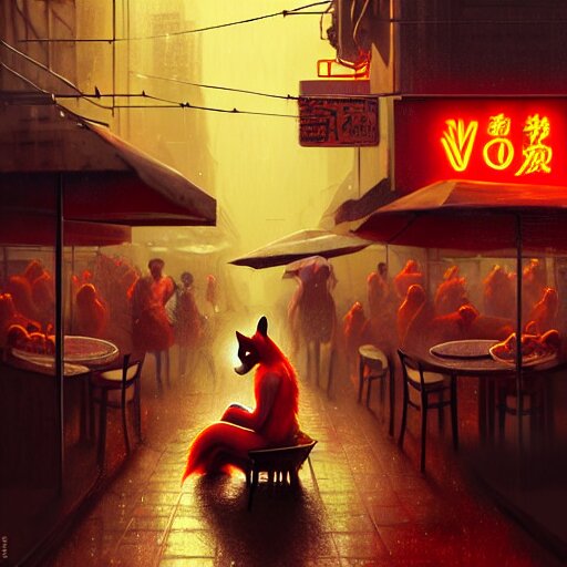 splash art of anthropomorphic female vulpes vulpes fulva woman sitting at a noodle stand eating noodles in the crowded street of a cyberpunk city, rain, harsh neon lighting, realistic, ultra detailed, by greg rutkowski, wlop, sakimichan, artgerm 