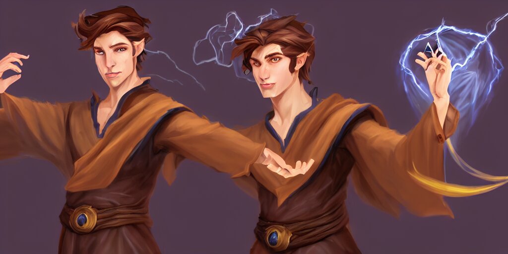 concept art of a handsome young caucasian male sorcerer with brown hair he is casting a spell that is emanating from his hands he is in a alchemist lab, action pose, medium shot, waist up, dungeons and dragons art, magic the gathering art 