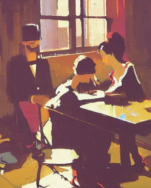 a man and a woman sitting at a table, a screenshot roman muradov and paul lehr and dan mumford, trending on pinterest, barbizon school, movie still, hall of mirrors, filmic 