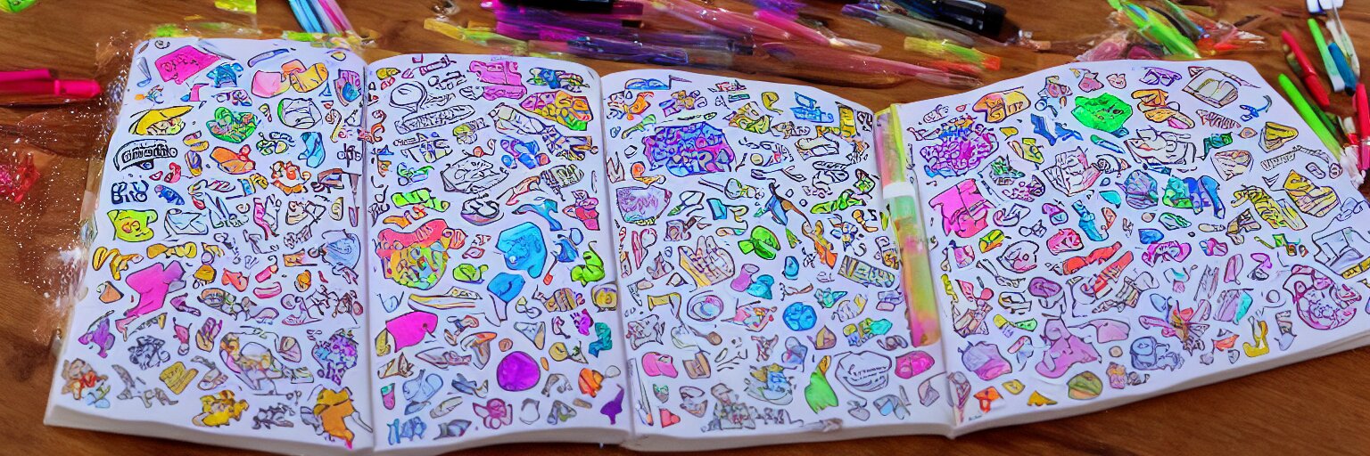 a school notebook covered in doodles, stickers, glitter, and holographic stickers