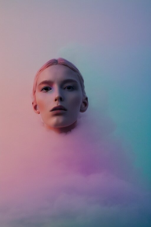 high quality pastel coloured film close up wide angle photograph of a model wearing clothing resting on cloud furniture in a icelandic black rock!! environment in a partially haze filled dreamstate world. three point light, rainbow. photographic production. art directed. pastel colours. volumetric clouds. pastel gradient overlay. waves glitch artefacts. extreme facial clarity. 8 k. filmic. 