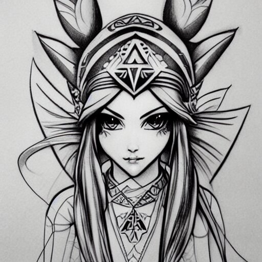 tattoo design, stencil, clean line art, g pen, portrait of princess zelda by artgerm, symmetrical face, beautiful, triforce 