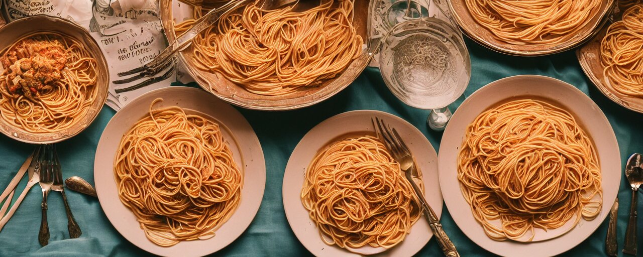 a large bowl of spaghetti, beautifully plated on a full buffet table, small details, intricate, sharply focused, canon 5 0 mm, wes anderson film, kodachrome 