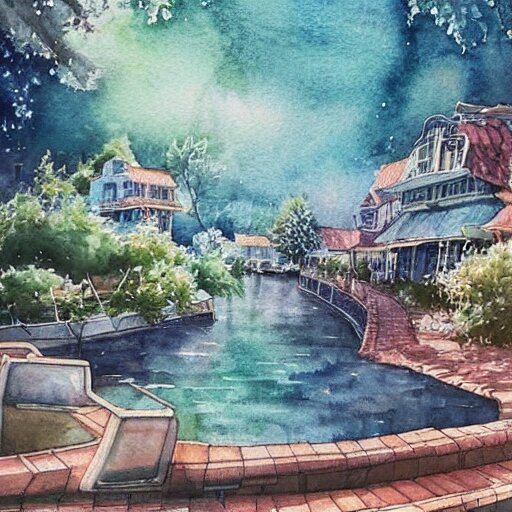 Beautiful happy picturesque charming sci-fi town in harmony with nature. Beautiful light. Water and plants. Nice colour scheme, soft warm colour. Beautiful detailed artistic watercolor by Vincent. (2022)