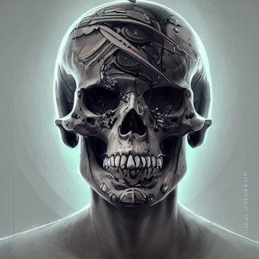 Cybernetic skull tattoo design, by Cedric Peyravernay, highly detailed, excellent composition, cinematic concept art, dramatic lighting, trending on ArtStation