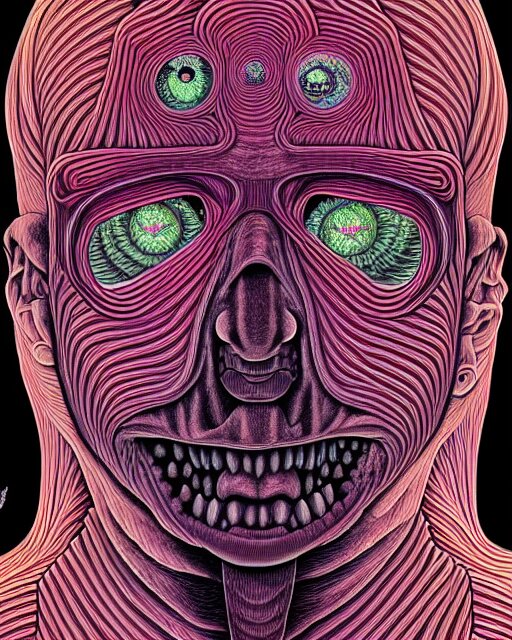 human body breaking away, conjuring psychedelic illustration, part by shintaro kago, part by alex gray, ultra realistic, highly detailed, 8 k, symmetry, fractals, grotesque, vibrant 