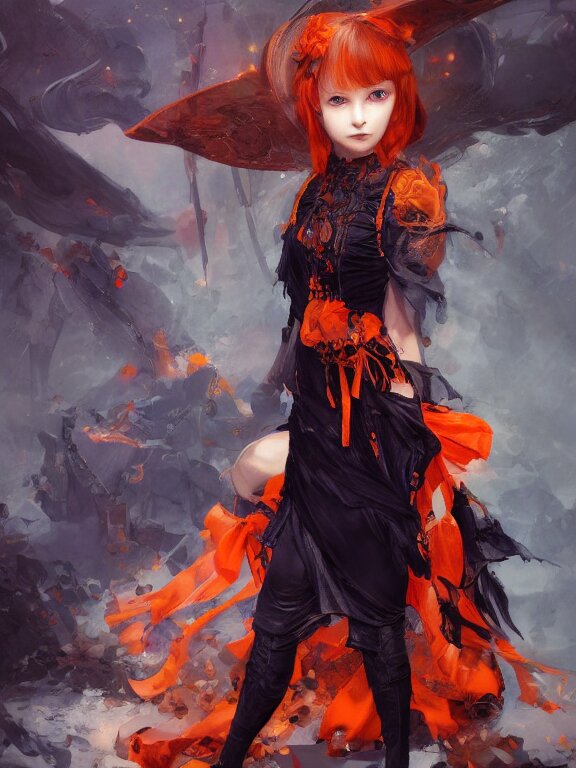 Full shot of a cute mischievous young witch about to get up to some trouble. Latin inspired fashion. Black and Orange palette. By Ruan Jia and Artgerm and Range Murata and WLOP and CLAMP. Key Art. Fantasy Illustration. award winning, Artstation, intricate details, realistic, Hyperdetailed, 8k resolution.