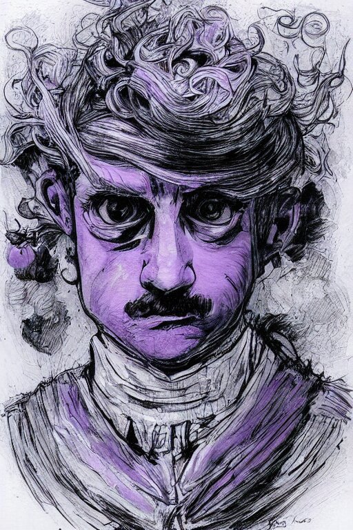 violet prince, painted by jason van hollander and melvyn grant, trending on artstation, rembrandt lighting fish eye pixar, magic realism, noodly, futuresynth, ink drawing 