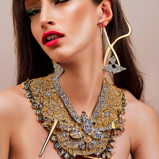 fashion photo, haute couture female model wearing bejeweled scissor earrings:5, bejeweled scissor chest plate:5, bejeweled scissor bracelets:5, hyper realistic, detailed, dramaticly beautiful, 8k, Octane