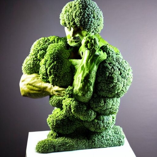 sculpture of a bodybuilder made entirely from fresh broccoli by antoni gaudi 