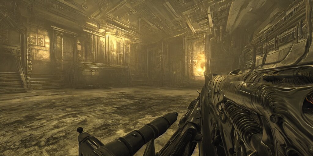 Gameplay footage of a first person game designed by H.R Giger and Kojjima, amazing graphics, raytracing, detailed