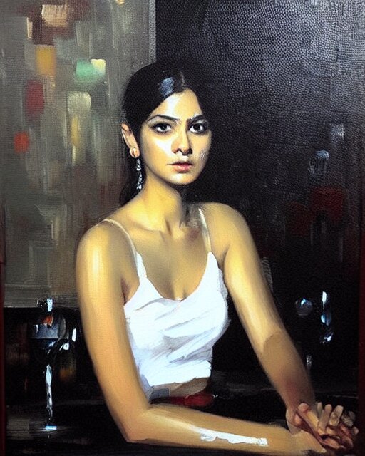 beautiful portrait painting an gorgeous delhi girl wearing a little black dress at a bar, oil painting, art by ruan jia 