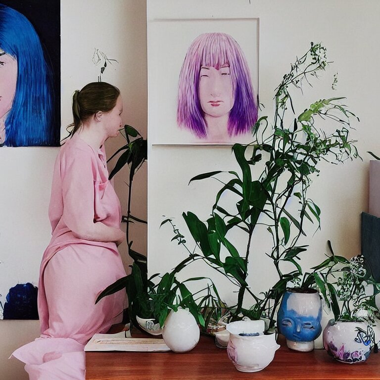 “art in an Australian artist’s apartment, organic, portrait of women, pink and blue hair, lesbian, ikebana, Japanese pottery, sacred feminine, womanhood”