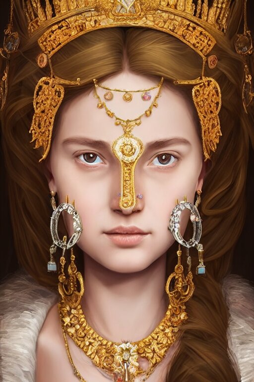 beautiful very detailed portrait of a young princess with lots of jewelry in the face, full body, in the background there is a minimalistic palace, digital art , dramatic cinematic lighting rendered by octane, 8k, detailed, intricate, clean and textures, trending on artstation, treanding on deviantart, trending on cgsociety, pinterest, by Lauren Brevner