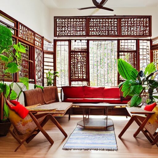 living room interior design with assamese traditional gamosa textured furniture, mekhela sador motif design pattern walls and floor, teak table, japandi, ikea, sunny, warm wood, urban jungle plants, small kitchen table, indian antique chairs, round mirror on the wall, light - brown wall, mid - century sofa indian architecture 