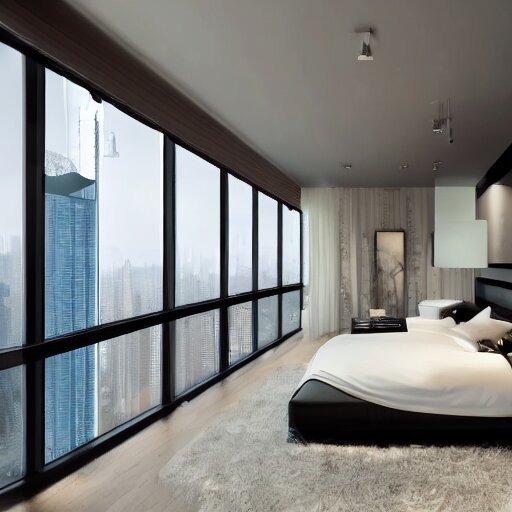 a futuristic luxury white bedroom with ceiling high windows looking out to a cyberpunk cityscape