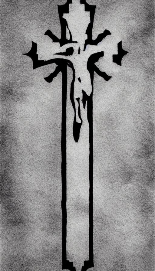 tattoo art, gothic cross with a sky background, white and black 