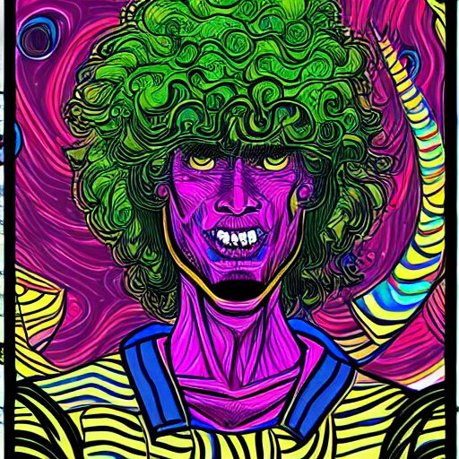 a psychedelic young godlike humanoid, hyper detailed, in the style of rutkowski and junji ito and bob ross and lisa frank, selfie 