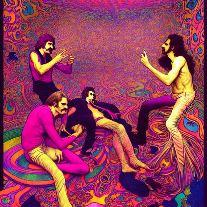 bright psychedelic photo of pink floyd and frank zappa tripping on lsd, diffuse lighting, fantasy, intricate, elegant, highly detailed, lifelike, photorealistic, digital painting, artstation, illustration, concept art, smooth, sharp focus, art by John Collier and Albert Aublet and Krenz Cushart and Artem Demura and Alphonse Mucha