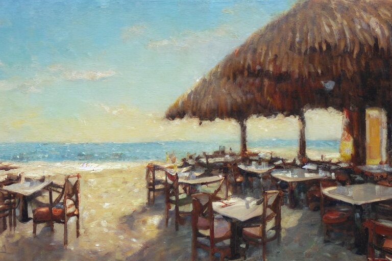 italian restaurant on the beach, dappled light, scott christensen 