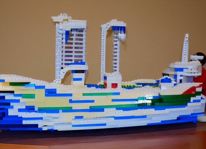 a real life-sized boat made out of translucent LEGO bricks.