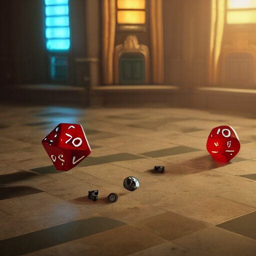 rol game players throwing d 2 0 dice. unreal engine 5. octane render. vray. arnold. maya. 1 8 mm lens. low angle, wide lens. trending on artstation. vegas. depth of field. colorful. d & d. 