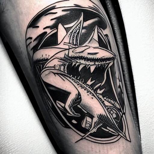 flash tattoo of skeleton riding rocket in the shape of shark, black and white by sailor jerry, curt montgomery, bangbangnyc, ryan ashley, killkenny 