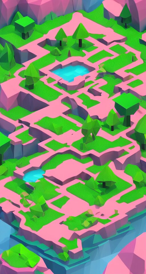 a cute little matte low poly isometric cherry blossom forest island, pink waterfalls, mist, lat lighting, soft shadows, trending on artstation, 3d render, monument valley, fez video game,