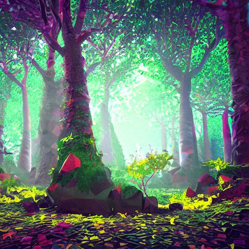 low poly landscape of a magical enchanted forest, digital render 