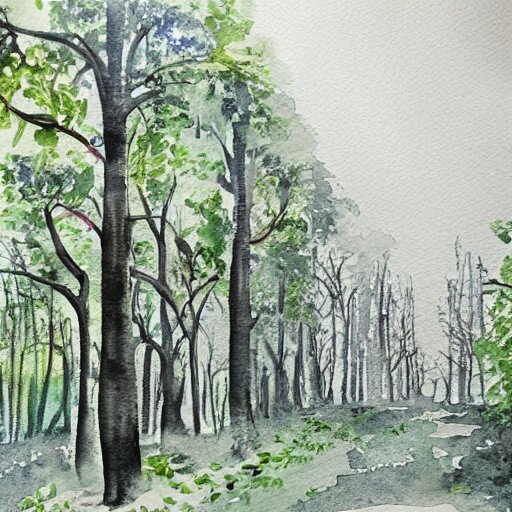 abandoned city overgrown by trees, watercolor